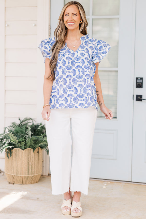 Chic Soul plus size clothing, blue-ivory top with fan block printing
