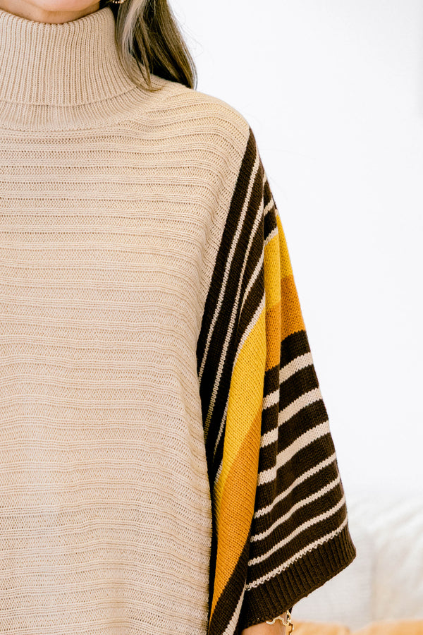 Chic Soul plus size clothing, taupe mix colored tunic striped on both sides with a high neckline