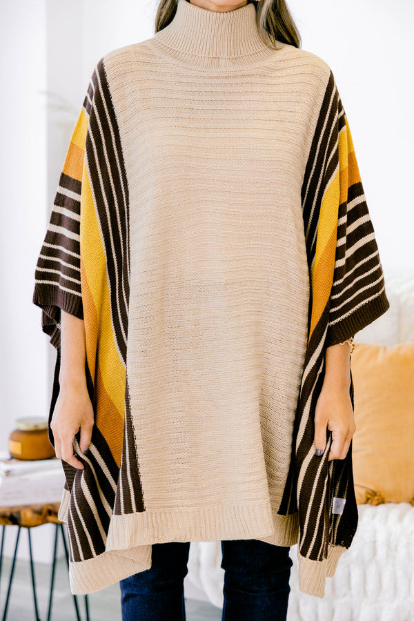Chic Soul plus size clothing, taupe mix colored tunic striped on both sides with a high neckline