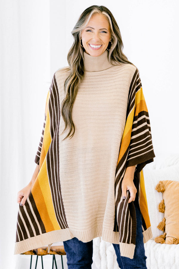 Chic Soul plus size clothing, taupe mix colored tunic striped on both sides with a high neckline