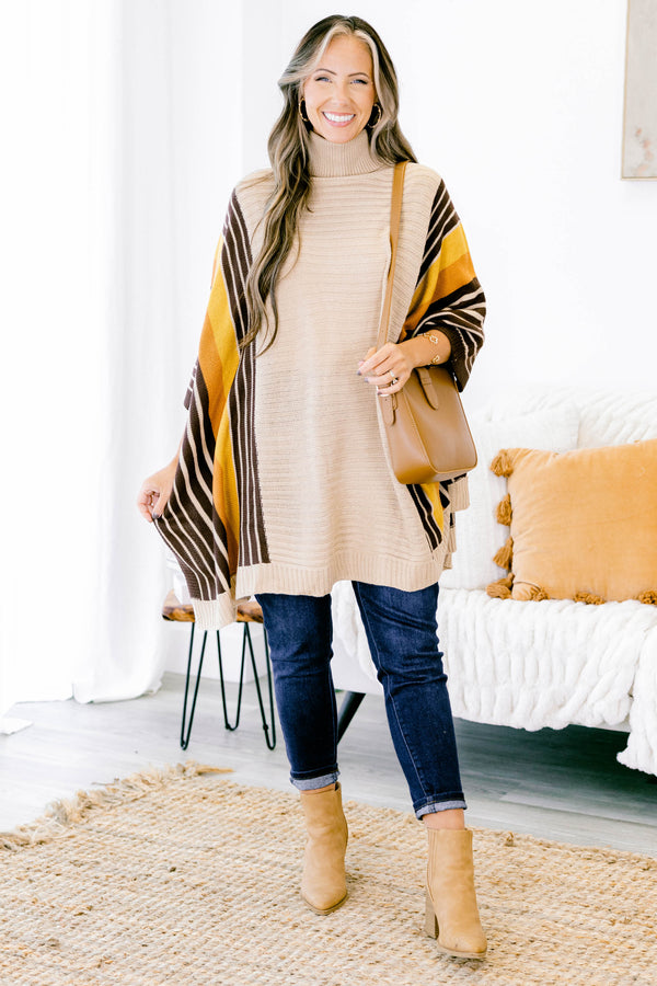 Chic Soul plus size clothing, taupe mix colored tunic striped on both sides with a high neckline
