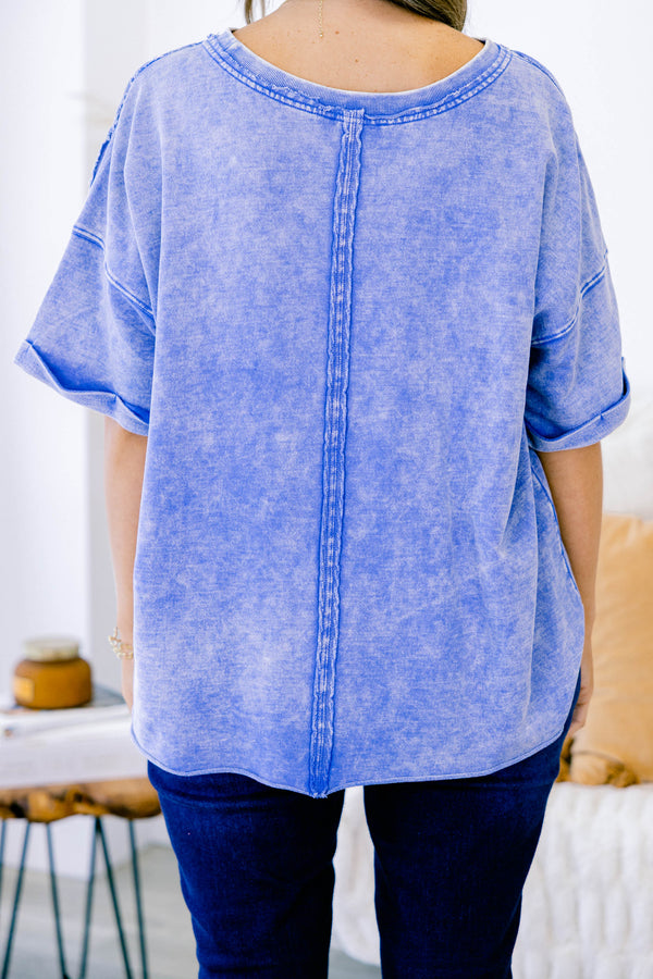 Chic Soul plus size clothing, blue acid wash short sleeve top with cuffs at the ends of each sleeve 