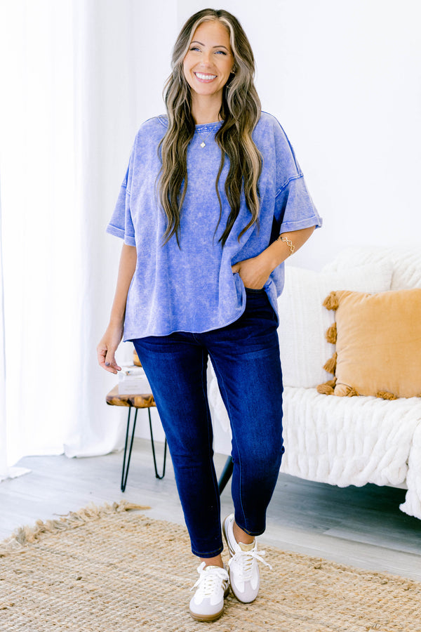 Chic Soul plus size clothing, blue acid wash short sleeve top with cuffs at the ends of each sleeve 