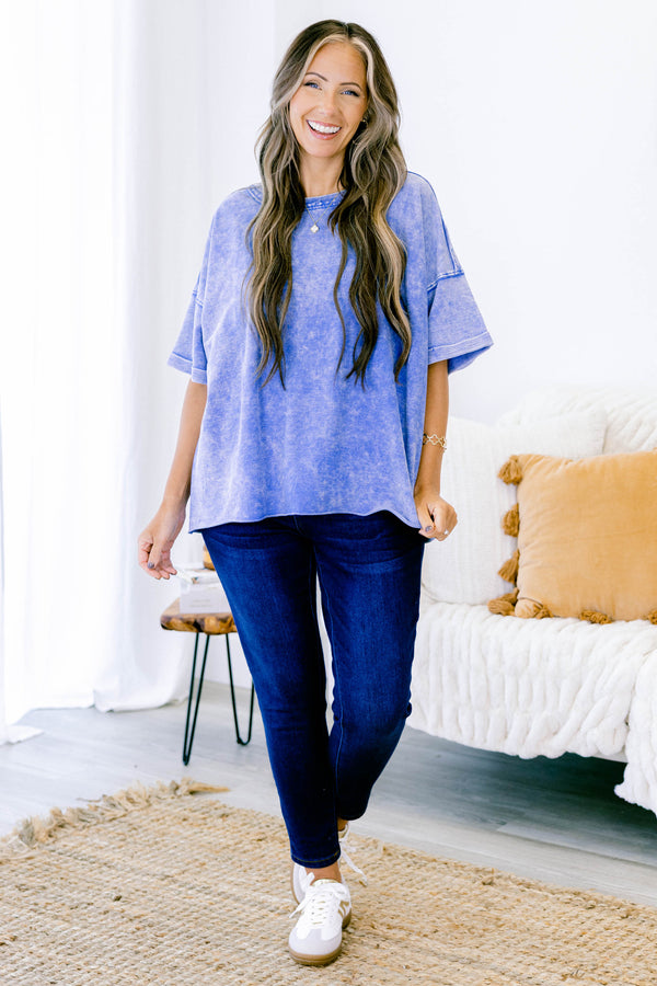 Chic Soul plus size clothing, blue acid wash short sleeve top with cuffs at the ends of each sleeve 