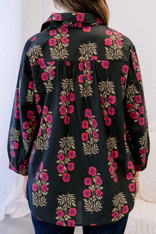 Chic Soul plus size clothing, black long sleeve button up collared top with red and purple floral print