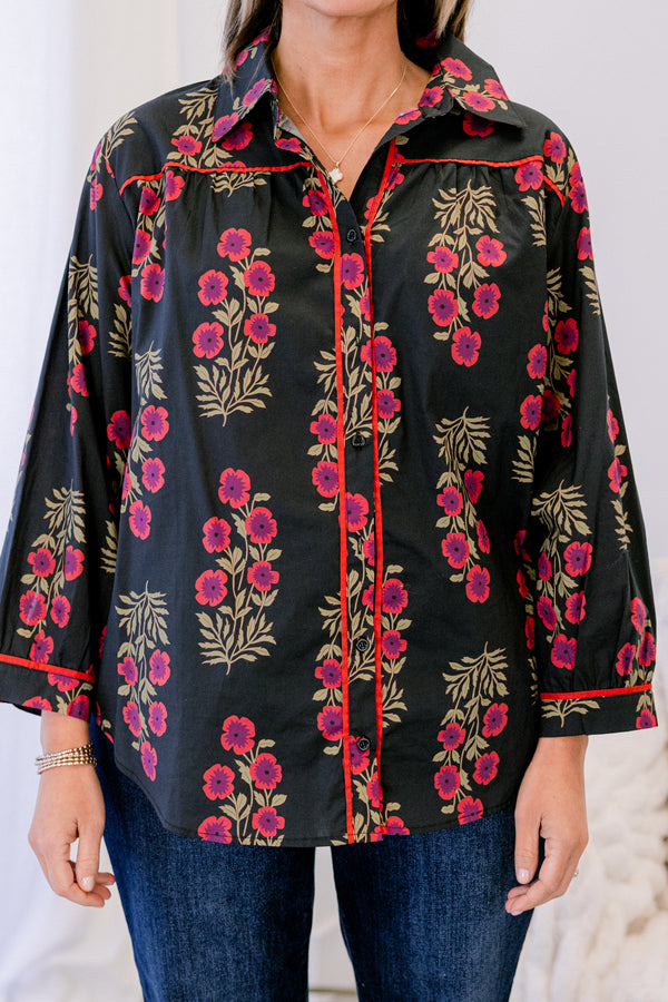 Chic Soul plus size clothing, black long sleeve button up collared top with red and purple floral print