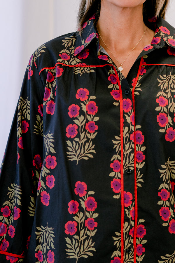 Chic Soul plus size clothing, black long sleeve button up collared top with red and purple floral print