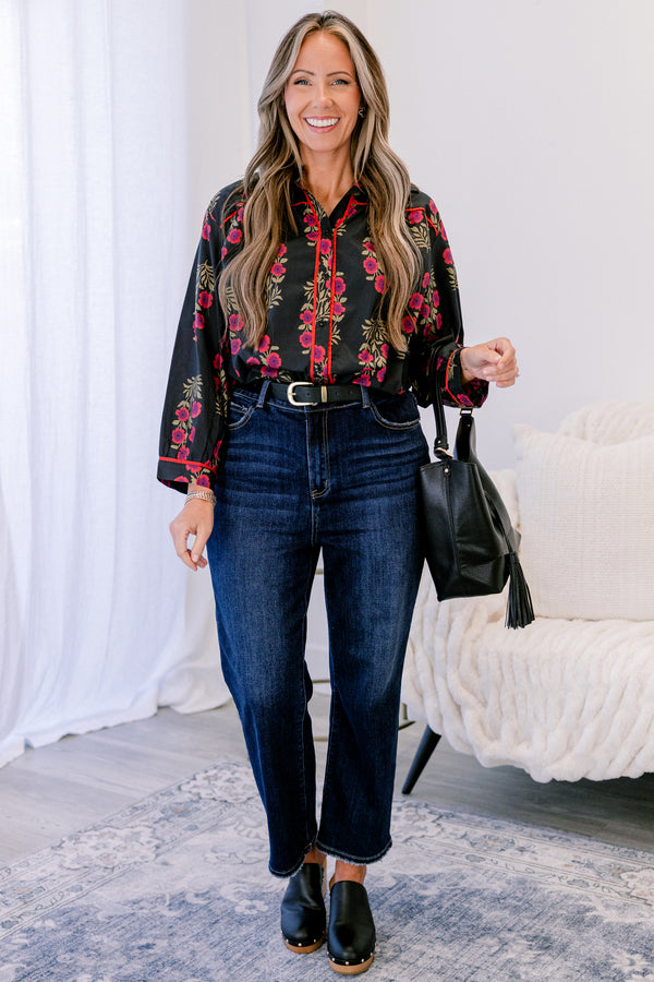 Chic Soul plus size clothing, black long sleeve button up collared top with red and purple floral print