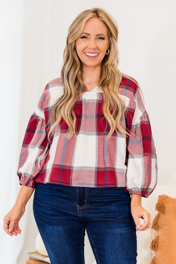 Chic Soul plus size clothing, cropped red three quarter length sleeve plaid print top with v neckline and cuff bubble sleeves