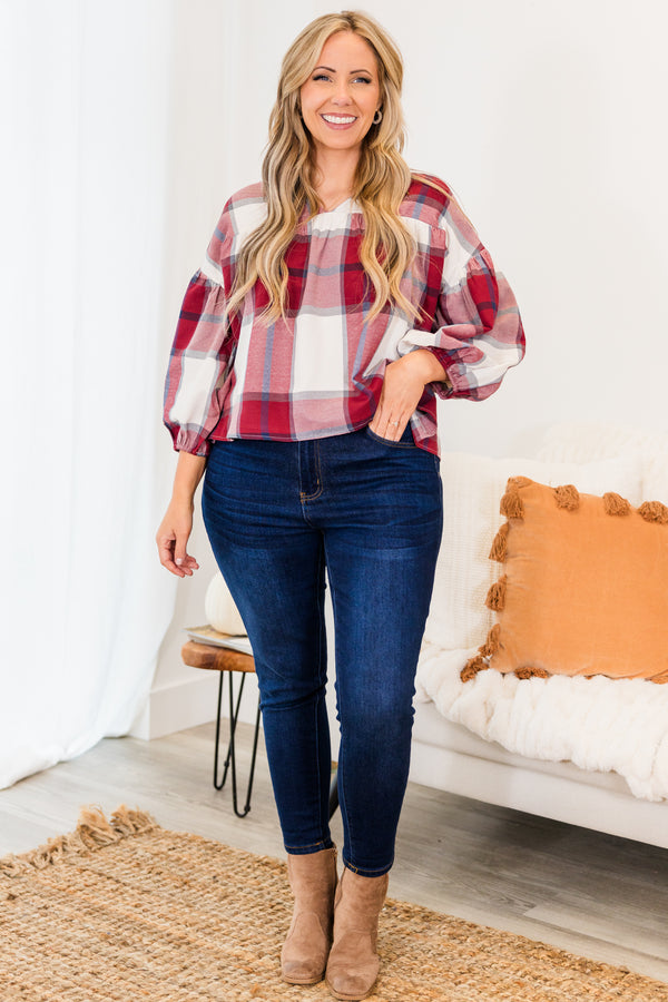 Chic Soul plus size clothing, cropped red three quarter length sleeve plaid print top with v neckline and cuff bubble sleeves