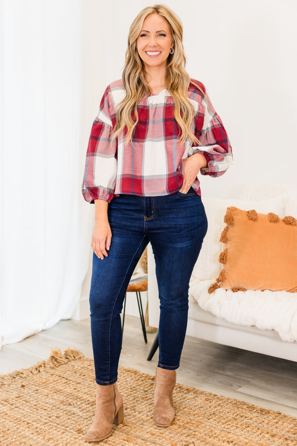 Chic Soul plus size clothing, cropped red three quarter length sleeve plaid print top with v neckline and cuff bubble sleeves