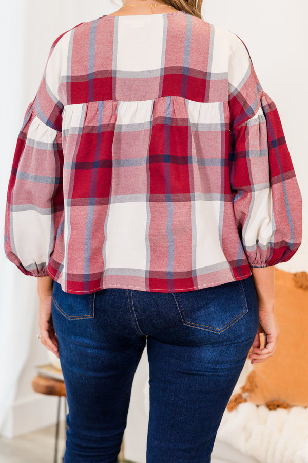 Chic Soul plus size clothing, cropped red three quarter length sleeve plaid print top with v neckline and cuff bubble sleeves
