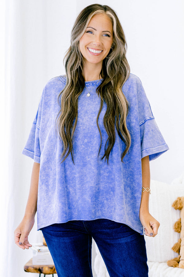 Chic Soul plus size clothing, blue acid wash short sleeve top with cuffs at the ends of each sleeve 