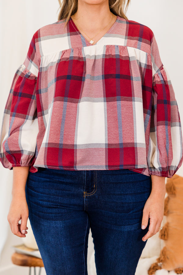 Chic Soul plus size clothing, cropped red three quarter length sleeve plaid print top with v neckline and cuff bubble sleeves