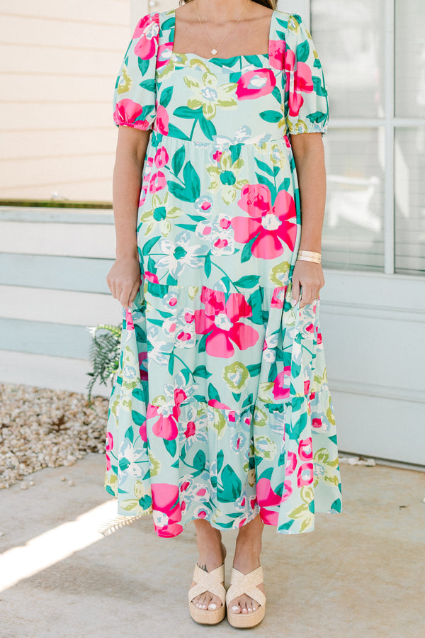 Chic Soul plus size clothing, mint floral midi dress with scoop neckline and short puff sleeves