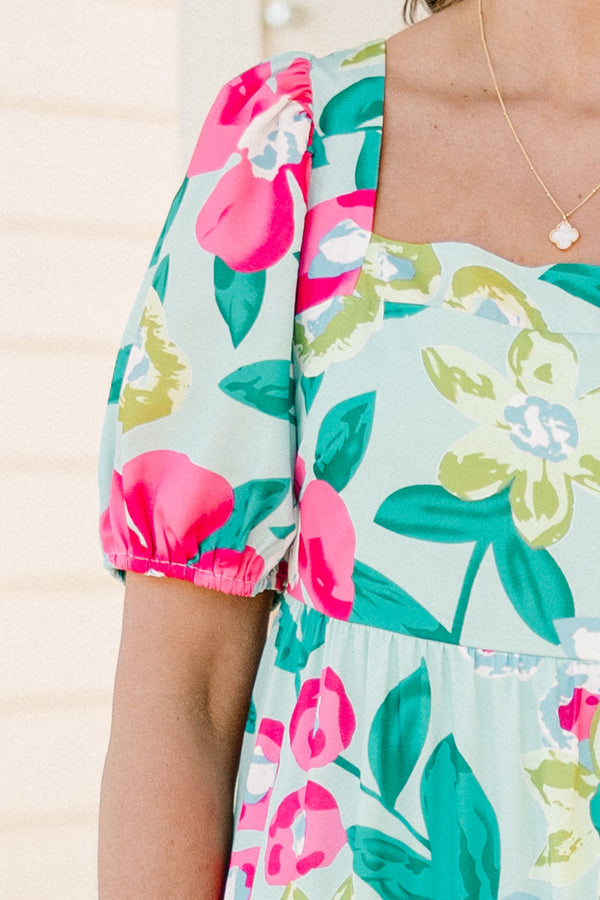 Chic Soul plus size clothing, mint floral midi dress with scoop neckline and short puff sleeves