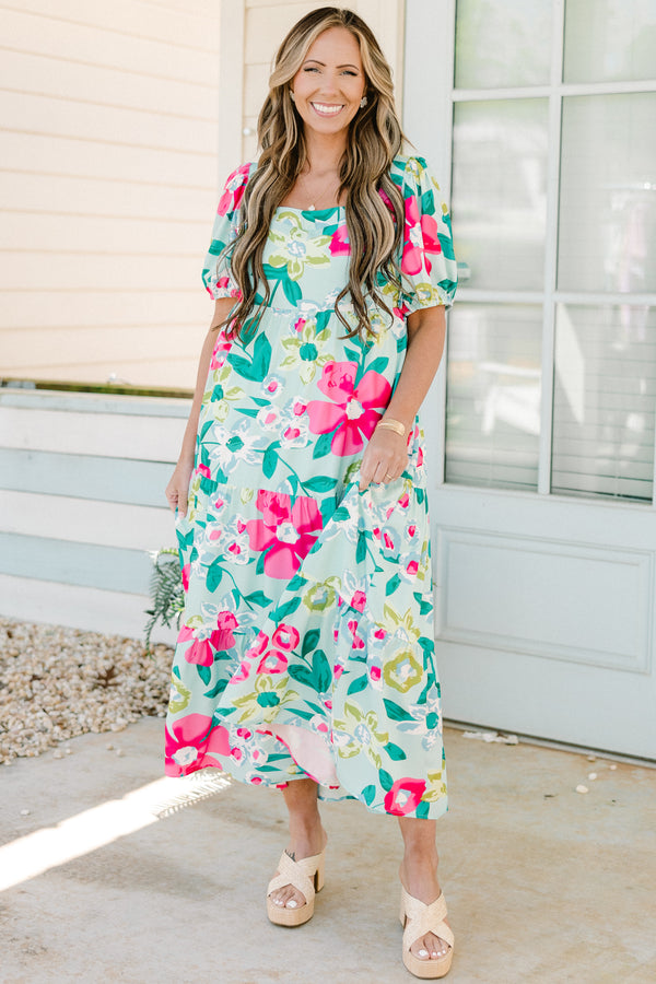 Chic Soul plus size clothing, mint floral midi dress with scoop neckline and short puff sleeves