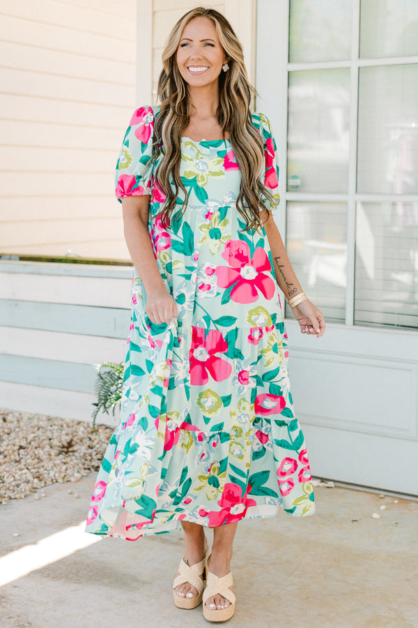 Chic Soul plus size clothing, mint floral midi dress with scoop neckline and short puff sleeves
