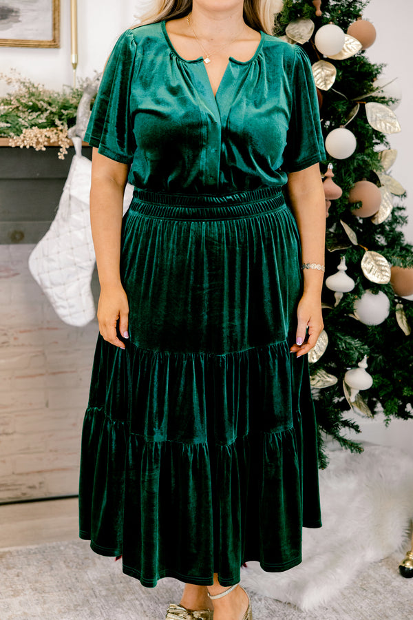Chic Soul plus size clothing, hunter green velour short sleeve midi dress with cinched waist and v-neckline detail
