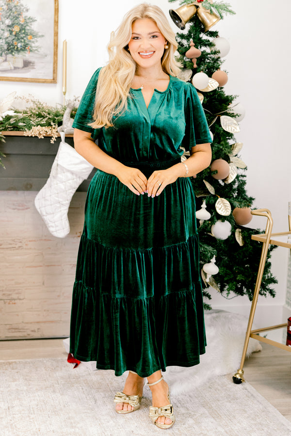Chic Soul plus size clothing, hunter green velour short sleeve midi dress with cinched waist and v-neckline detail