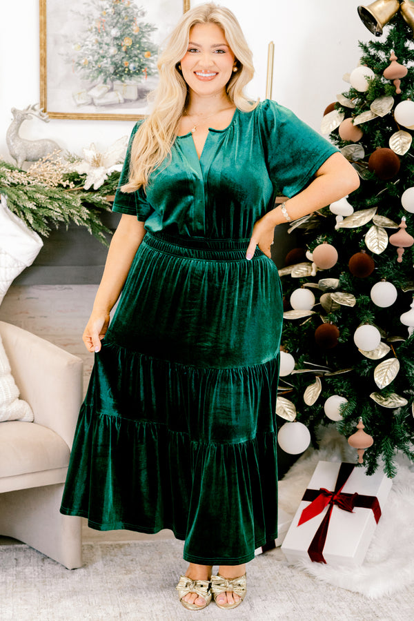 Chic Soul plus size clothing, hunter green velour short sleeve midi dress with cinched waist and v-neckline detail
