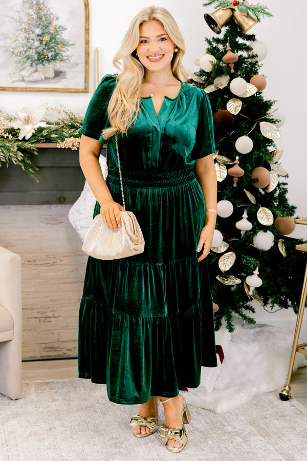 Chic Soul plus size clothing, hunter green velour short sleeve midi dress with cinched waist and v-neckline detail
