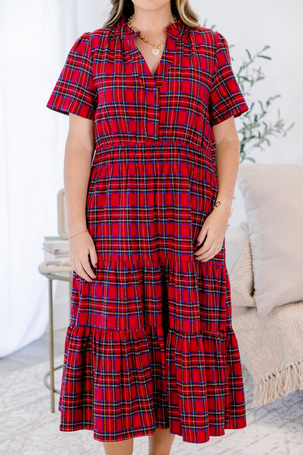 Chic Soul plus size clothing, short-sleeve red plaid midi dress with ruffled detailing and smocked waistline with v-neck
