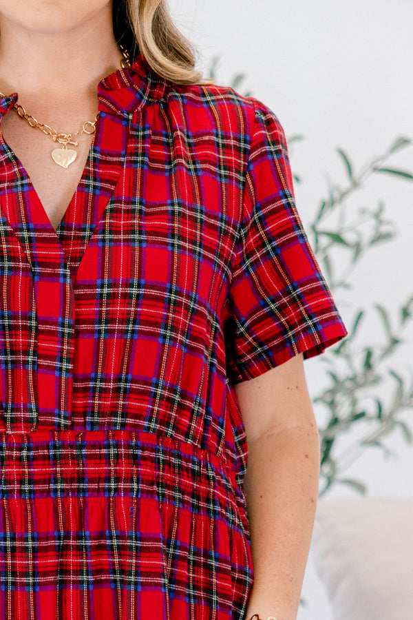 Chic Soul plus size clothing, short-sleeve red plaid midi dress with ruffled detailing and smocked waistline with v-neck