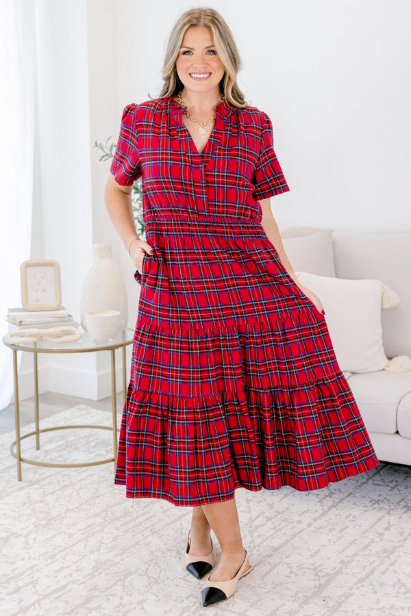 Chic Soul plus size clothing, short-sleeve red plaid midi dress with ruffled detailing and smocked waistline with v-neck