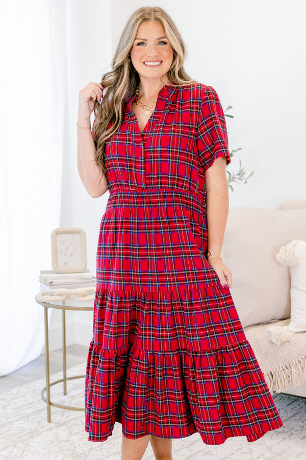Chic Soul plus size clothing, short-sleeve red plaid midi dress with ruffled detailing and smocked waistline with v-neck