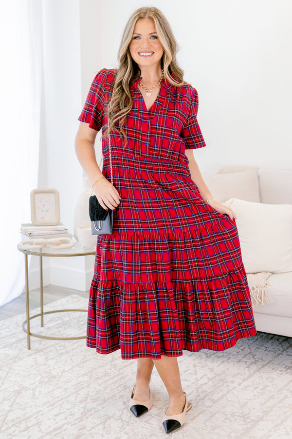 Chic Soul plus size clothing, short-sleeve red plaid midi dress with ruffled detailing and smocked waistline with v-neck