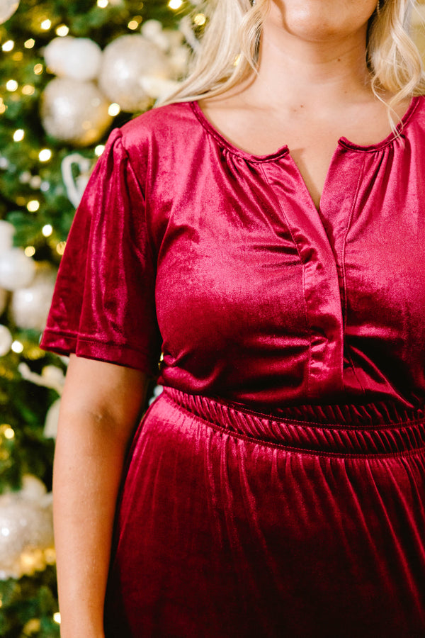 Chic Soul plus size clothing, short-sleeve wine red midi dress with ruffled detailing and smocked waistline with v-neck