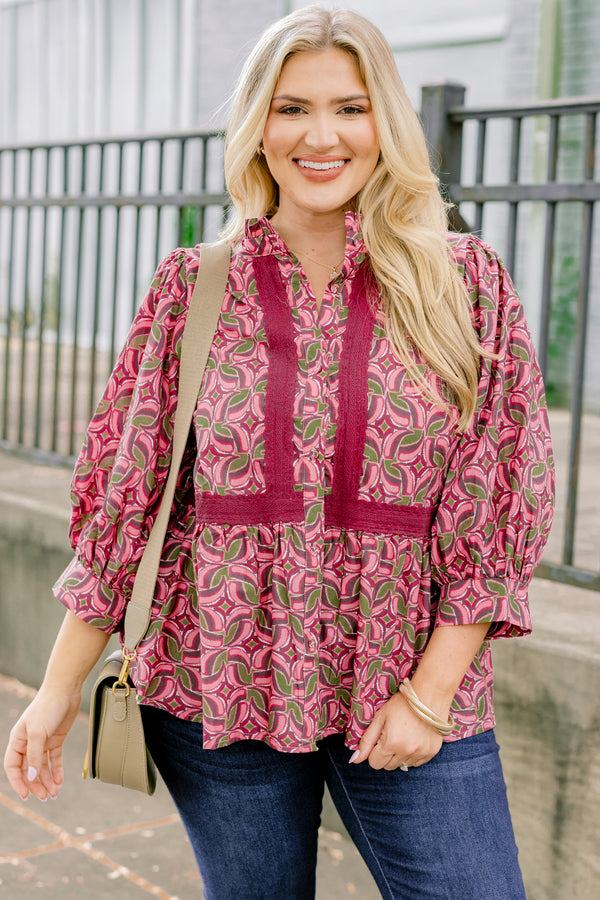 Chic Soul plus size clothing, pink mid sleeve top with abstract green and darker pink pattern and pink border along both sides