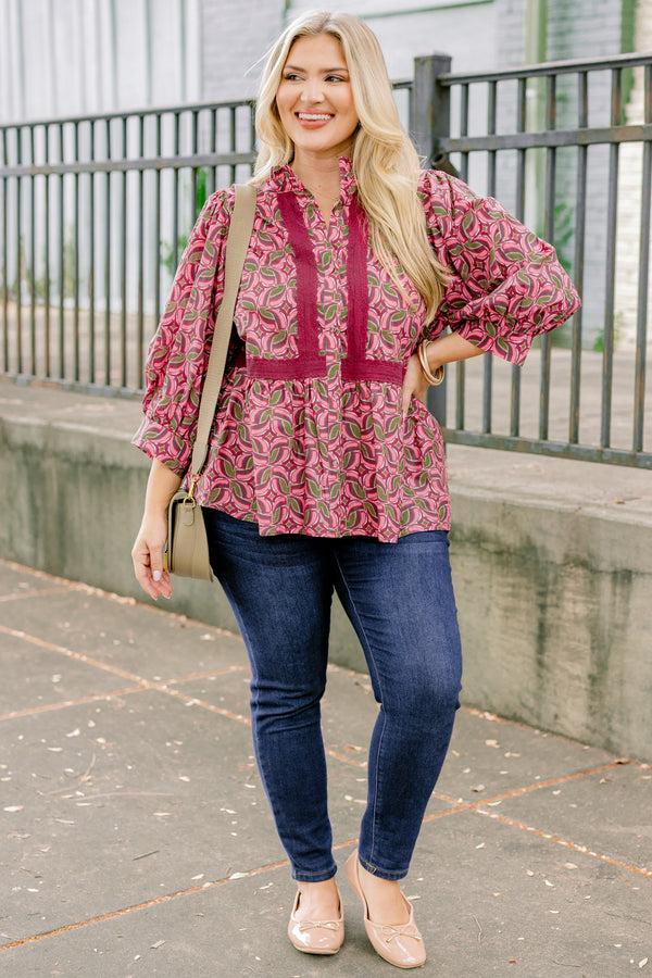 Chic Soul plus size clothing, pink mid sleeve top with abstract green and darker pink pattern and pink border along both sides