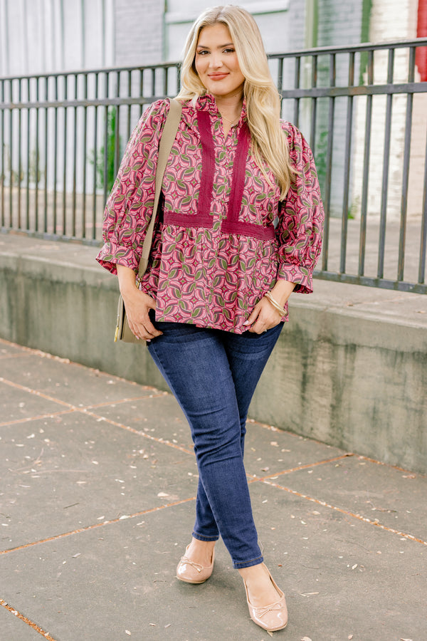Chic Soul plus size clothing, pink mid sleeve top with abstract green and darker pink pattern and pink border along both sides