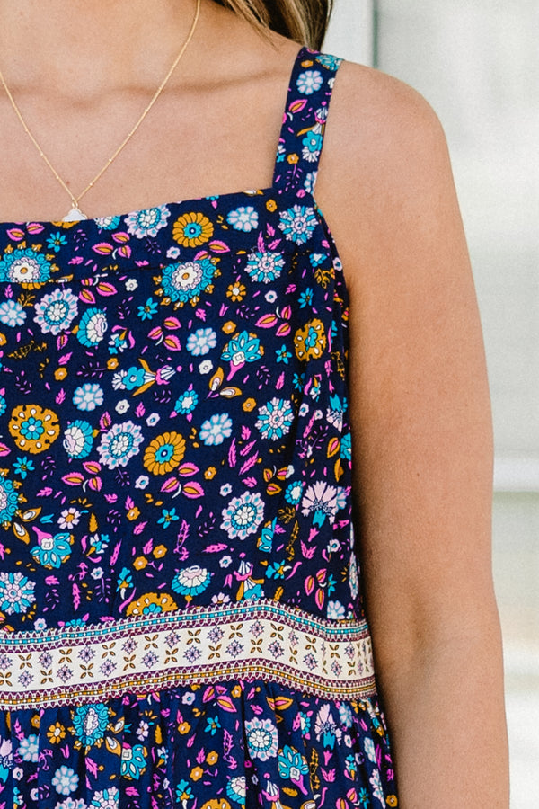 Chic Soul plus size clothing, sapphire multicolored ditsy floral print midi dress