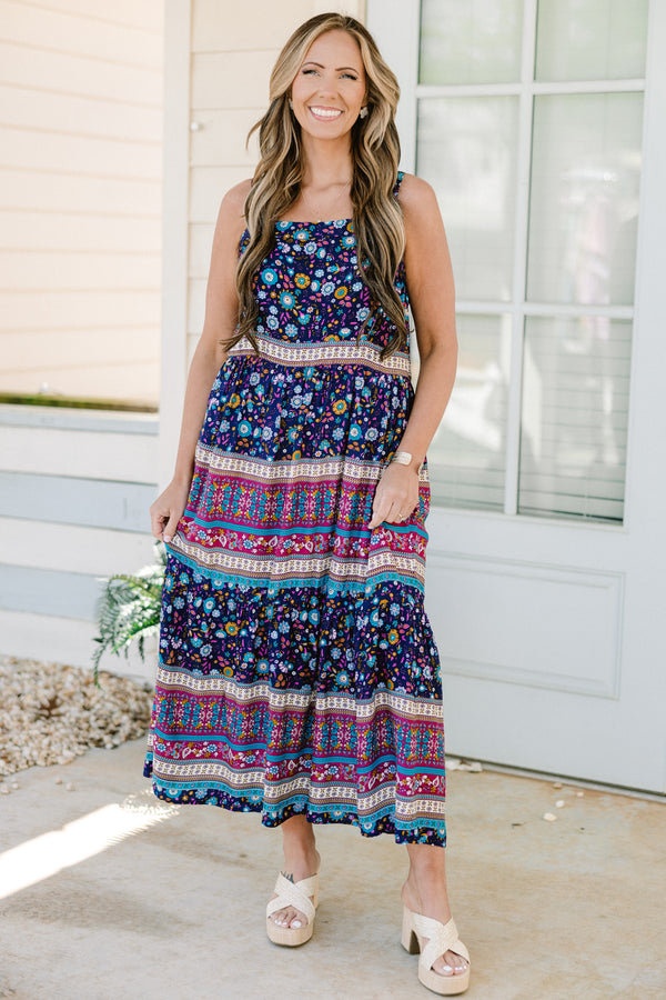 Chic Soul plus size clothing, sapphire multicolored ditsy floral print midi dress