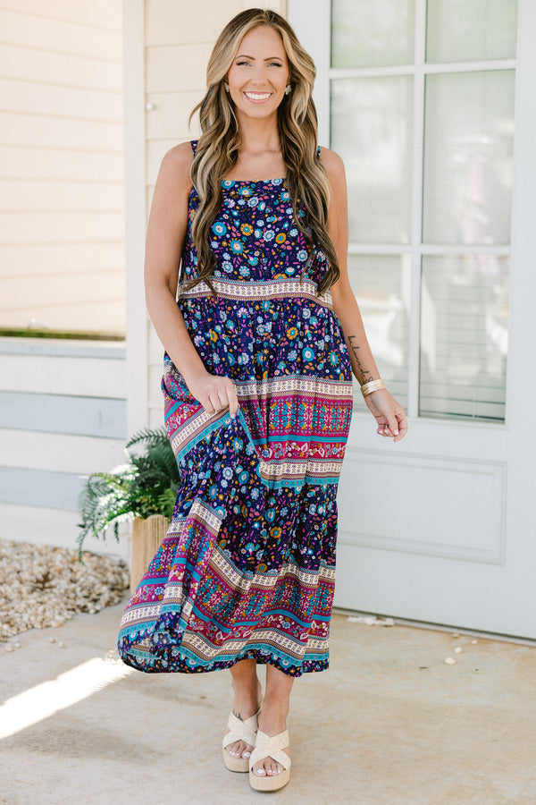 Chic Soul plus size clothing, sapphire multicolored ditsy floral print midi dress