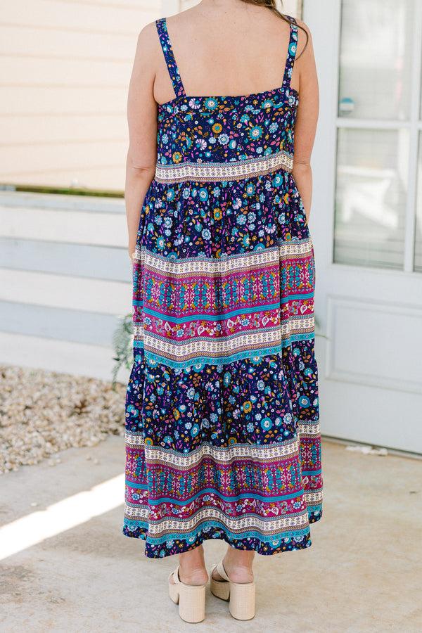 Chic Soul plus size clothing, sapphire multicolored ditsy floral print midi dress