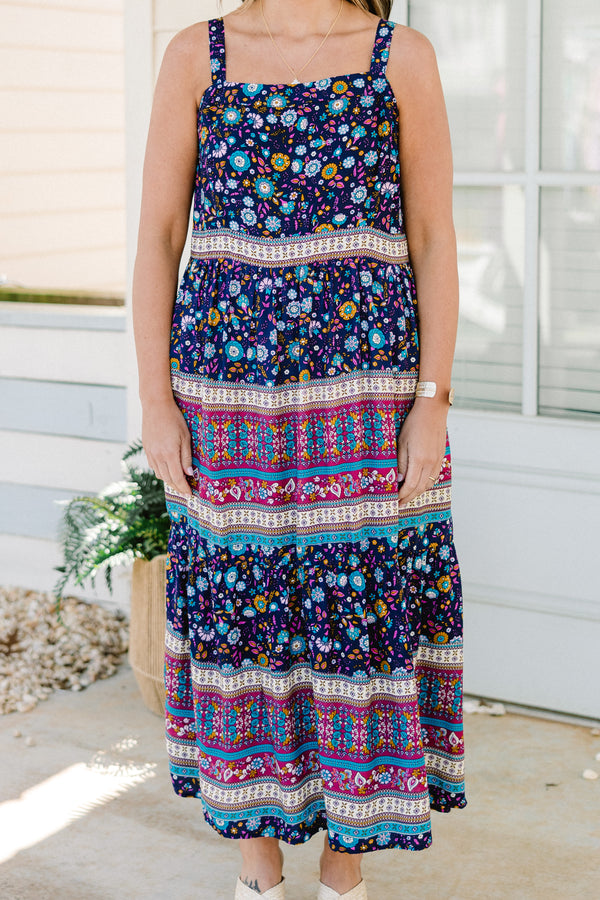 Chic Soul plus size clothing, sapphire multicolored ditsy floral print midi dress