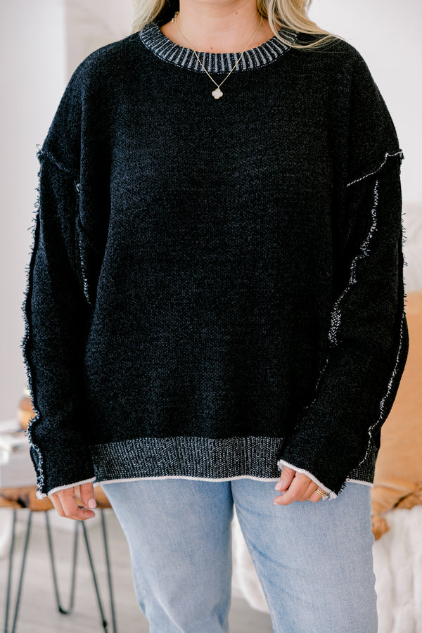 Chic Soul plus size clothing, Black long sleeve sweater with white ribbed details on the neckline and bottom of the sweater 