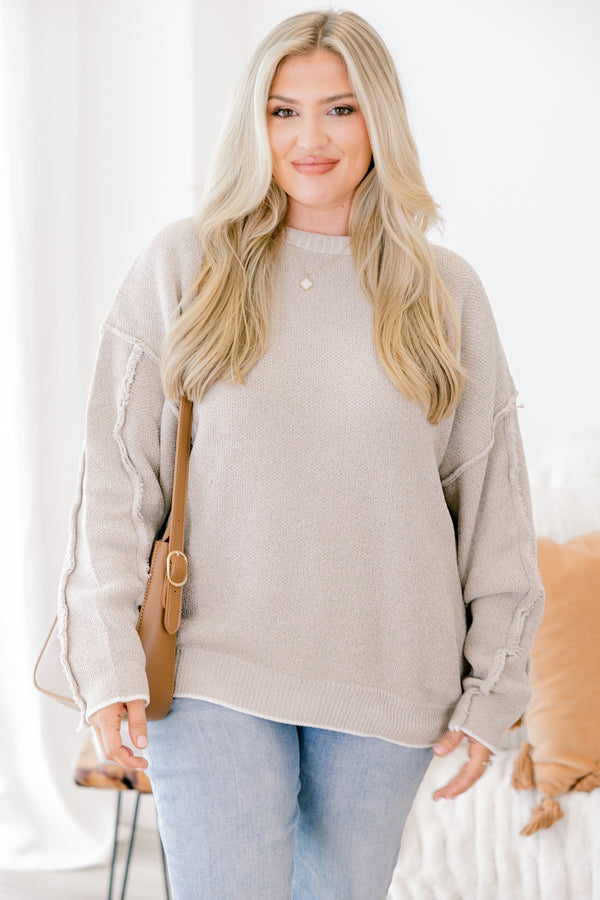 Chic Soul plus size clothing, light tan long sleeve sweater with stitching detail on the sleeve and white thin stripe on sleeves and hem