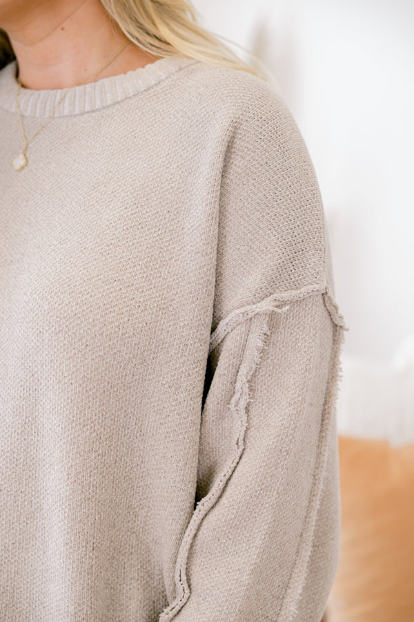 Chic Soul plus size clothing, light tan long sleeve sweater with stitching detail on the sleeve and white thin stripe on sleeves and hem