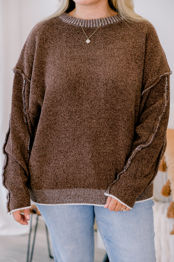 Chic Soul plus size clothing brown long sleeve sweater with a white ribbed texture around the bottom of the sweater and along the sleeves and neckline 