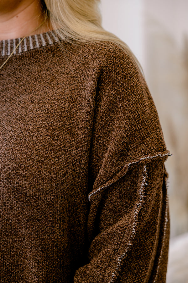 Chic Soul plus size clothing brown long sleeve sweater with a white ribbed texture around the bottom of the sweater and along the sleeves and neckline 