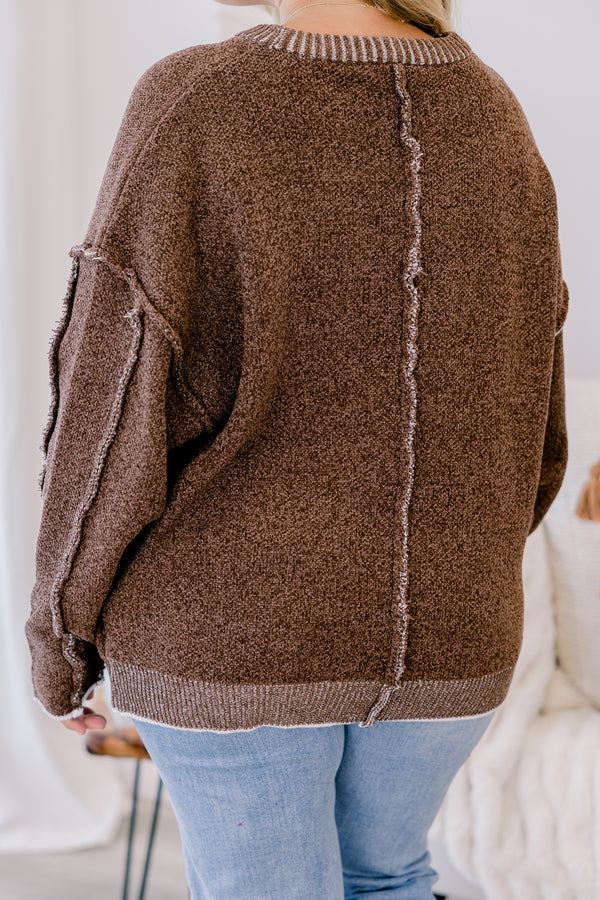 Chic Soul plus size clothing brown long sleeve sweater with a white ribbed texture around the bottom of the sweater and along the sleeves and neckline 