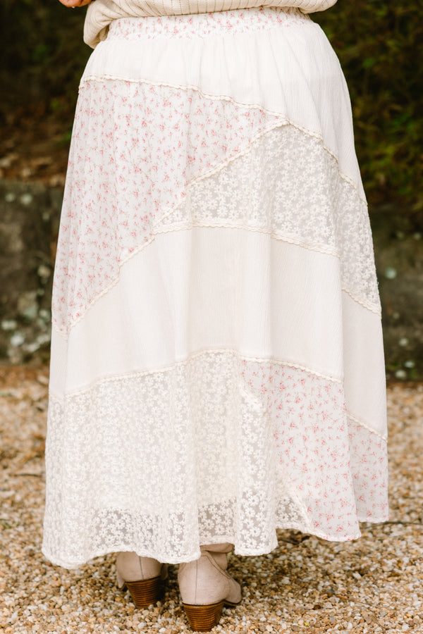 Chic Soul plus size clothing, cream patchwork maxi skirt with different tiers of floral prints