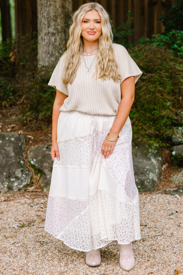 Chic Soul plus size clothing, cream patchwork maxi skirt with different tiers of floral prints