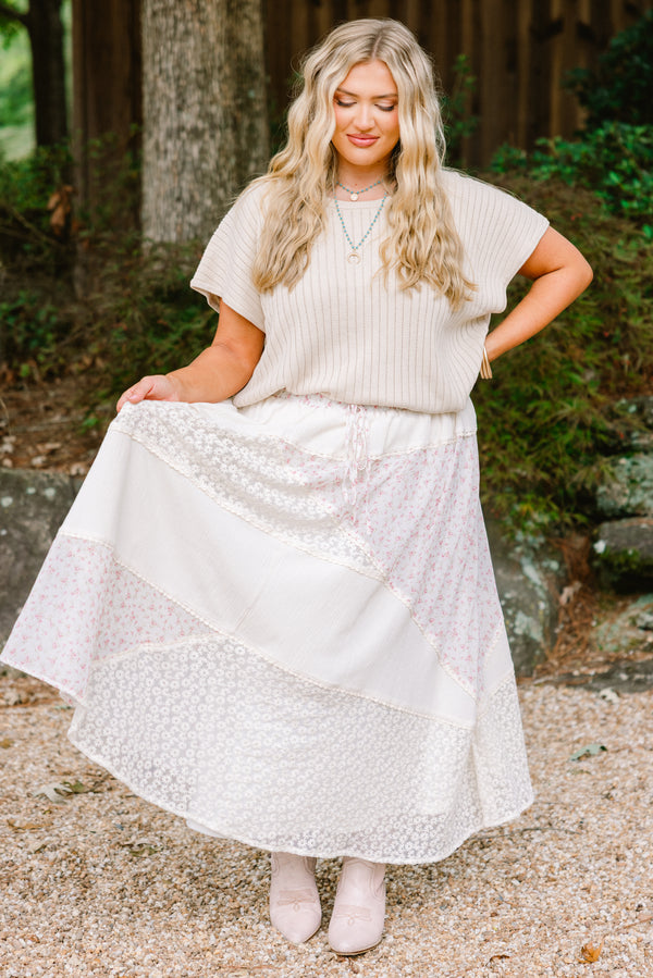 Chic Soul plus size clothing, cream patchwork maxi skirt with different tiers of floral prints