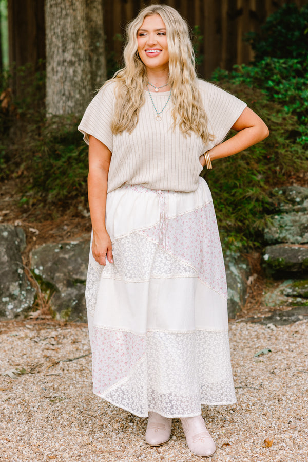 Chic Soul plus size clothing, cream patchwork maxi skirt with different tiers of floral prints